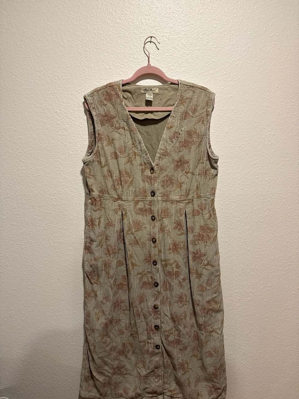 Vintage Eddie Bauer Floral Corduroy Button Front Sleeveless Jumper Dress